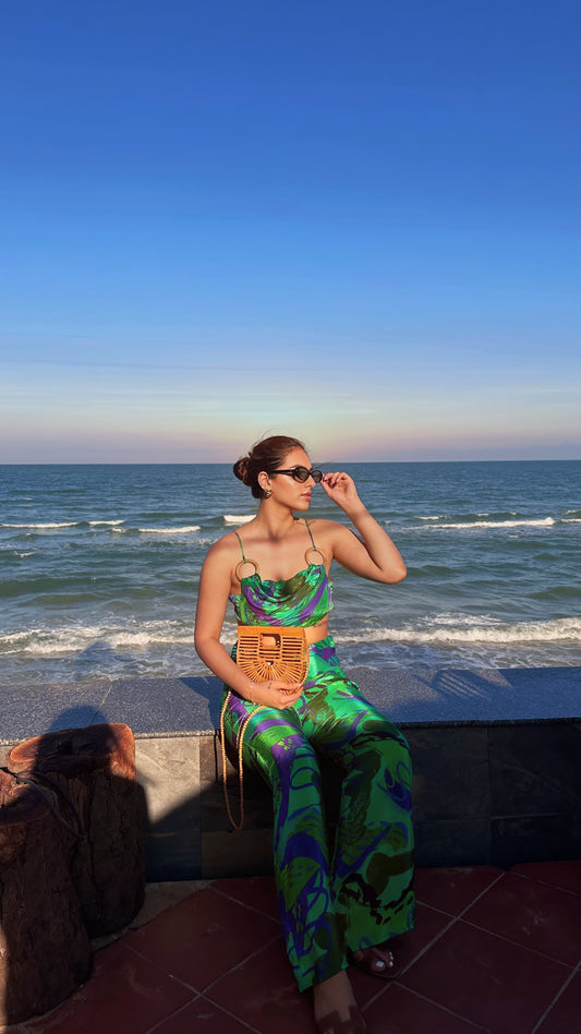 Jessie Monga wearing Code White Delta Eden Co-ord Set with cowl-neck top and loop pants - view 2