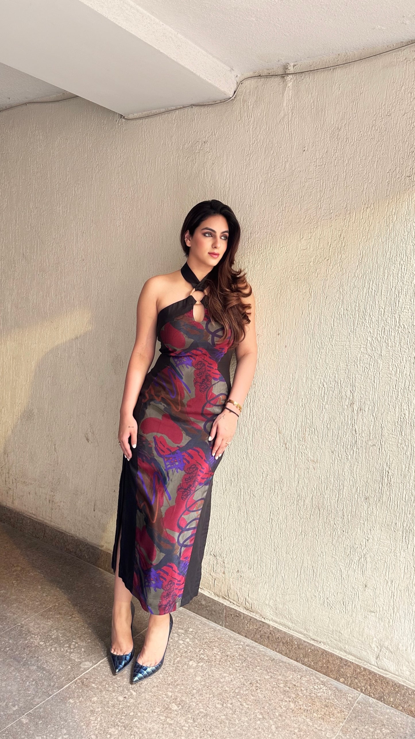 Jessie Monga wearing Code White Haya Maxi Dress in premium crepe with high halter neckline