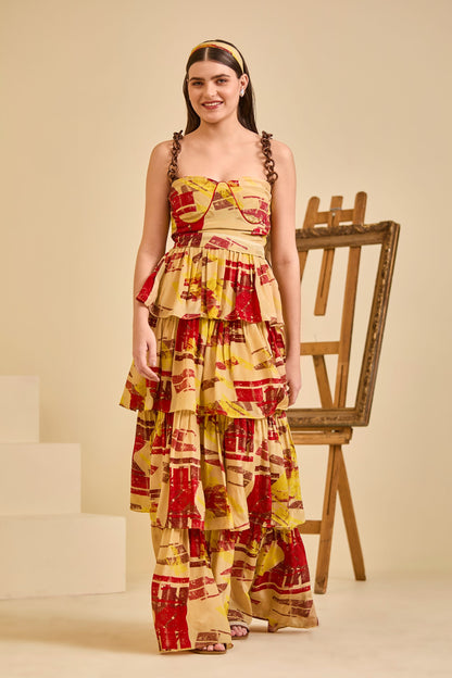 Code White Sienna Tiered Maxi Dress, sculpted bodice with wooden ring straps and tiered flared skirt