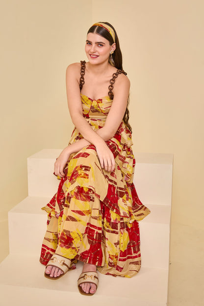 Code White Sienna Tiered Maxi Dress, sculpted bodice with wooden ring straps and tiered flared skirt - view 5
