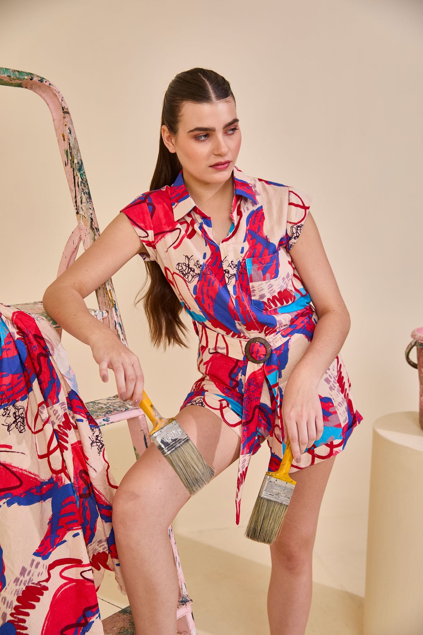 Code White Strokes Jumpsuit in pure linen, Off the Canvas brushstroke print with wooden buckle waist tie - view 4