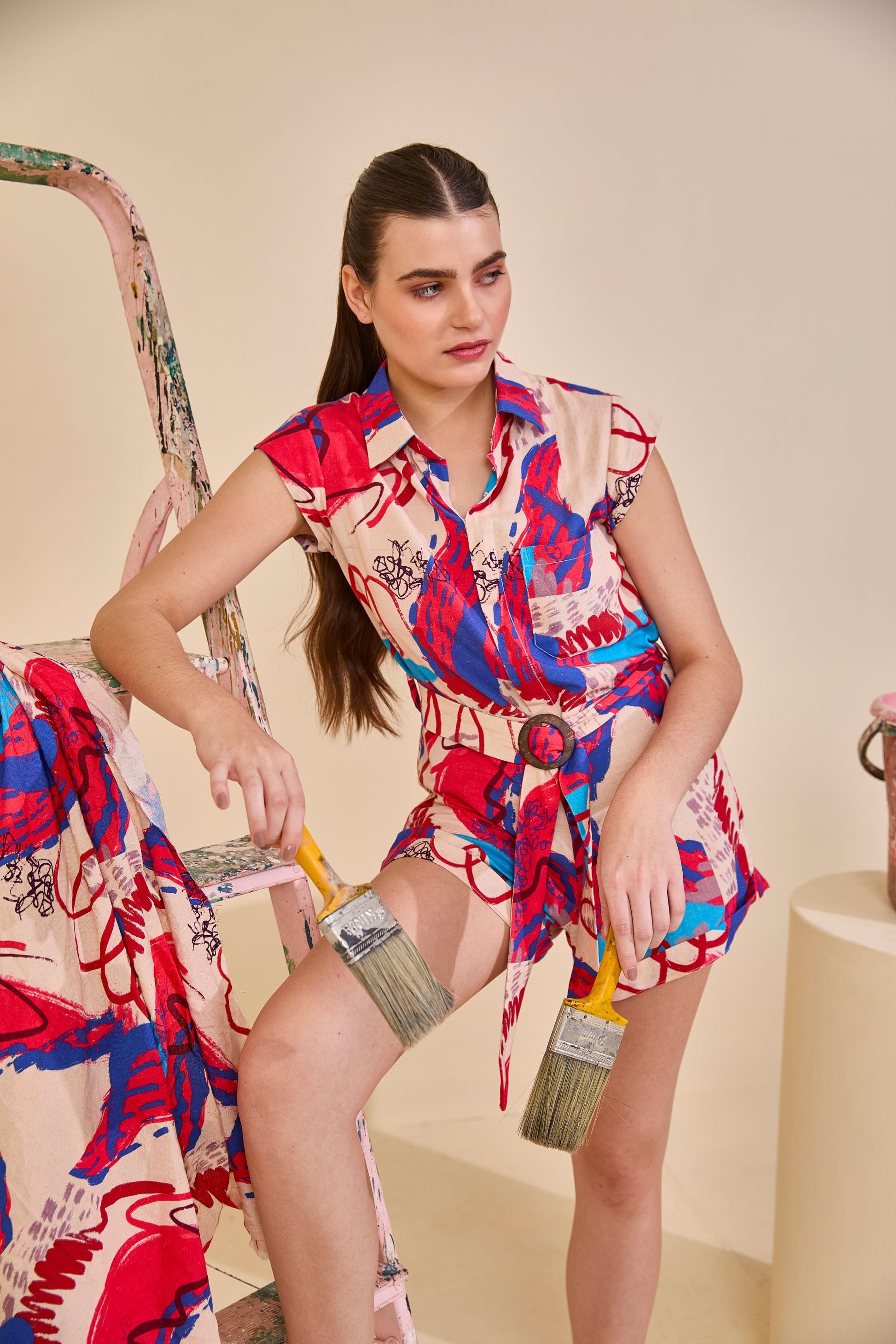 Code White Strokes Jumpsuit in pure linen, Off the Canvas brushstroke print with wooden buckle waist tie - view 4