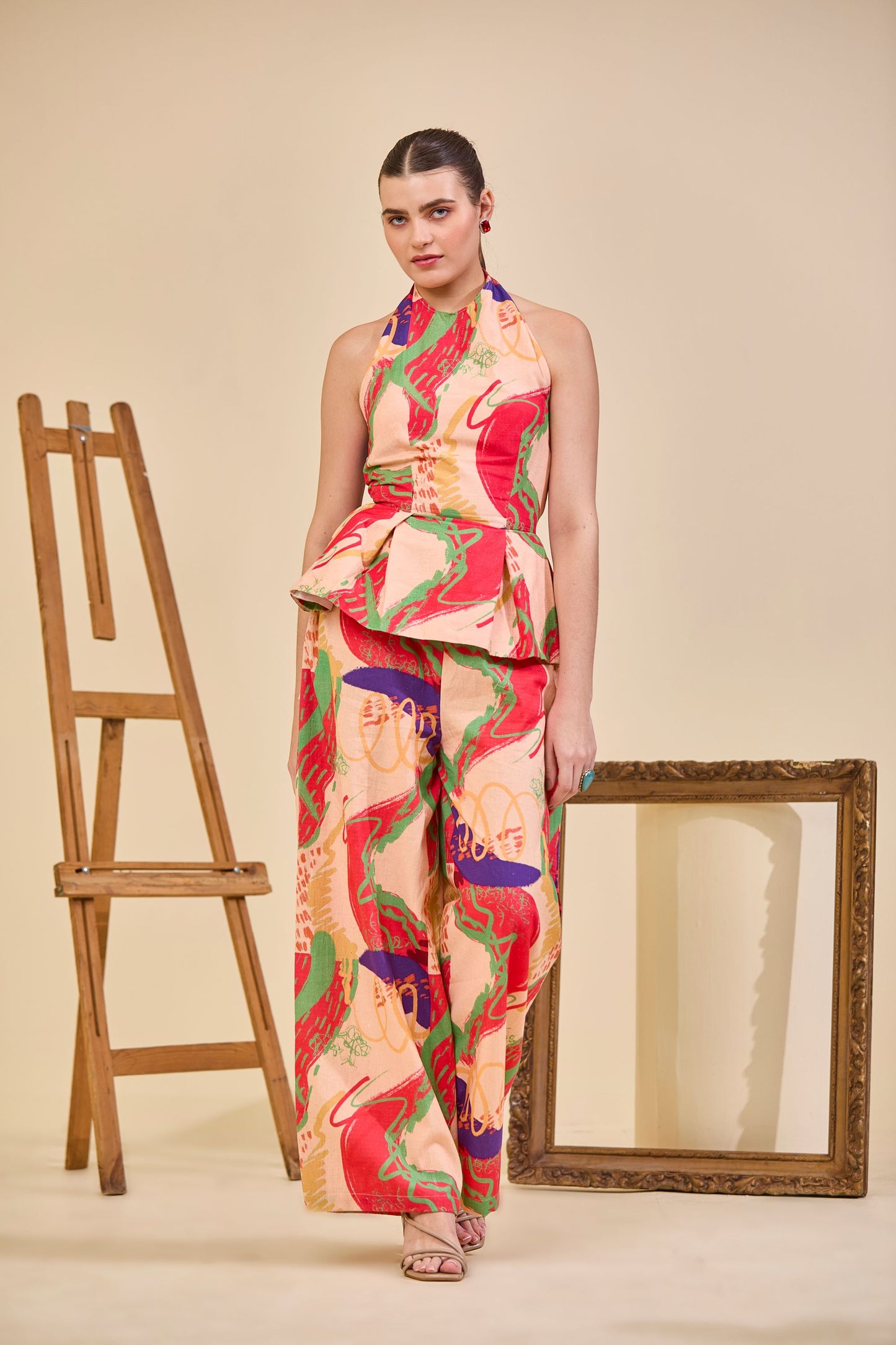 Code White Brisa Inara Co-ord Set, linen halter top and tie-up pants in Off the Canvas print