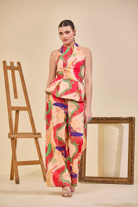 Code White Brisa Inara Co-ord Set, linen halter top and tie-up pants in Off the Canvas print