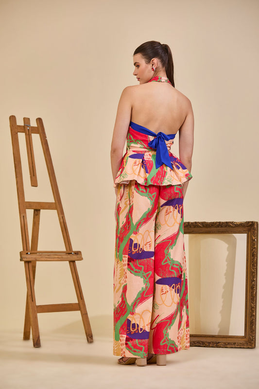 Code White Brisa Inara Co-ord Set, linen halter top and tie-up pants in Off the Canvas print - view 2