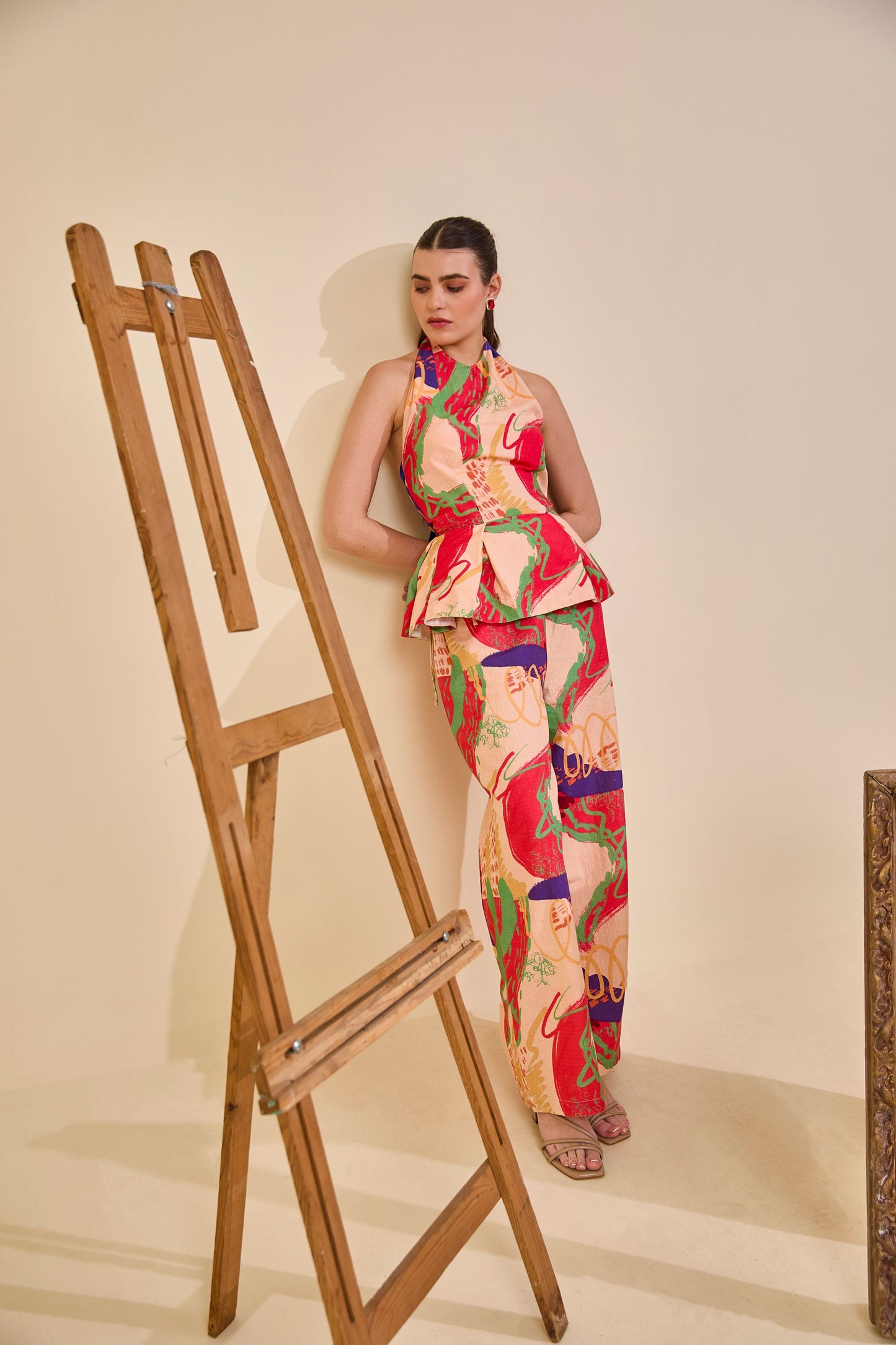 Code White Brisa Inara Co-ord Set, linen halter top and tie-up pants in Off the Canvas print - view 4