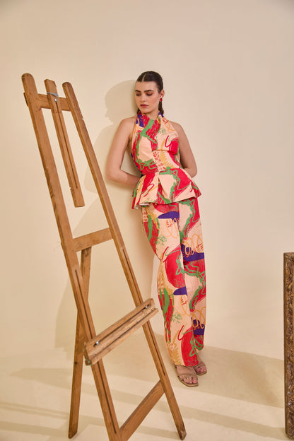 Code White Brisa Inara Co-ord Set, linen halter top and tie-up pants in Off the Canvas print - view 4