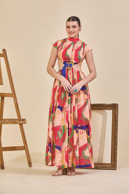 Code White ankle-length one-shoulder designer dress with architectural sleeve flap detail