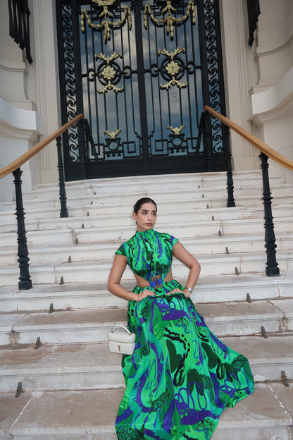 Mansi Lakhwani wearing Code White Noki Maxi Dress with backless design and adjustable string ties