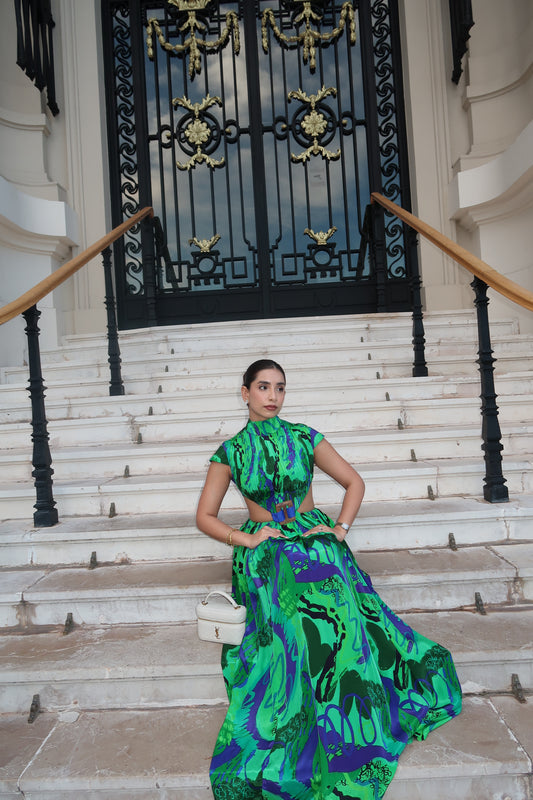 Mansi Lakhwani wearing Code White Noki Maxi Dress with backless design and adjustable string ties