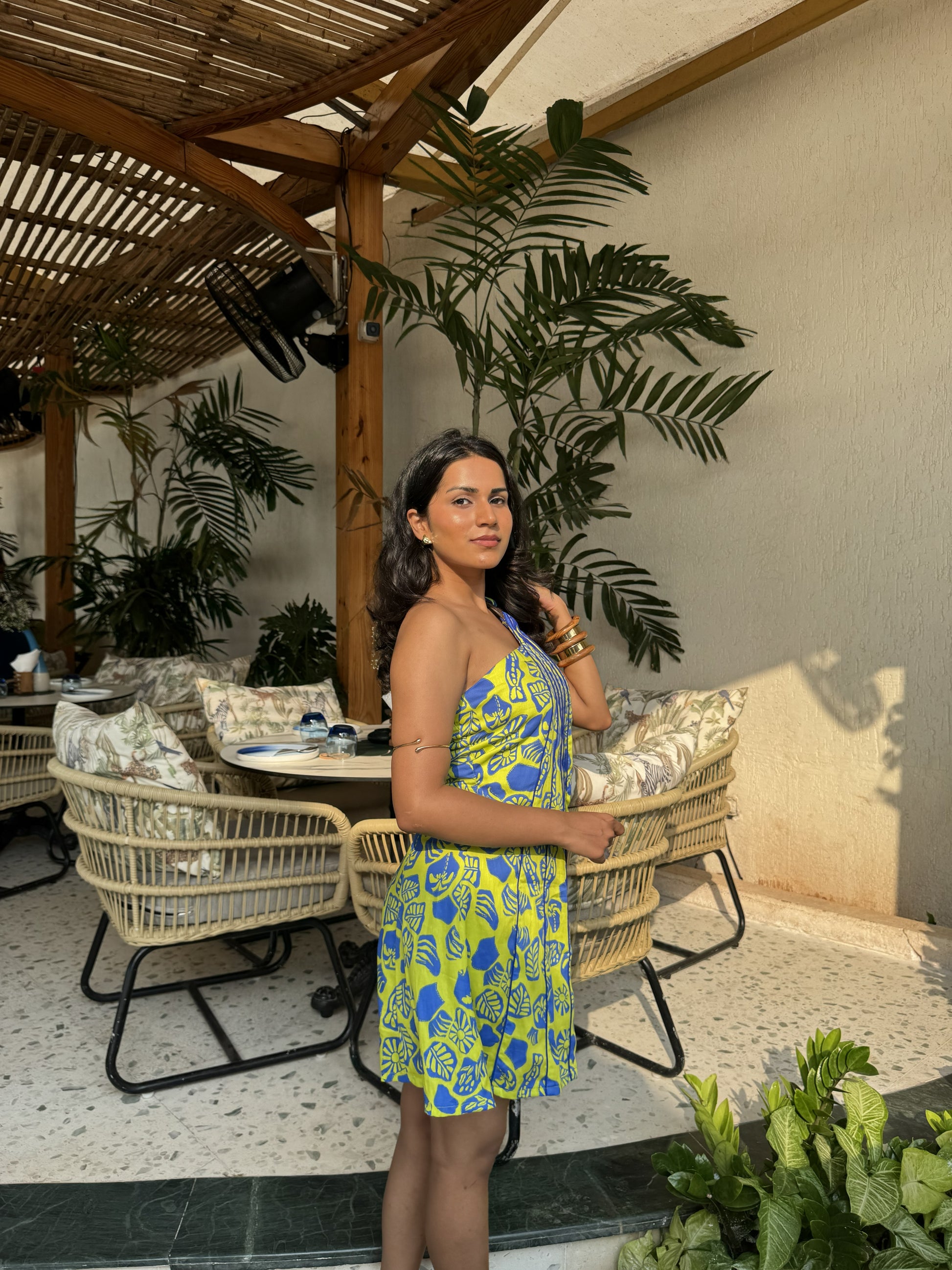 Tanvi Ghalsasi in Code White Echo Panel Dress 2.0, strapless silhouette with piped printed panels