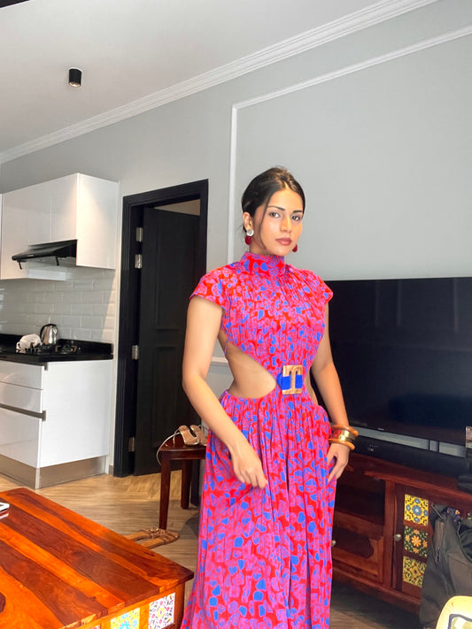 Tanvi Ghalsasi in Code White Noki Maxi Dress 2.0, pleated bustier and adjustable backless string ties