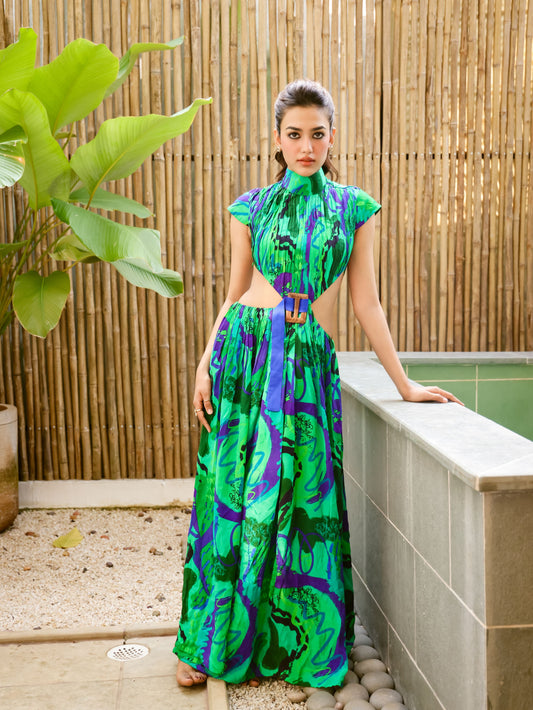 Vidhi Yadav in the Code White Noki Maxi Dress, high neckline and sculpted mega sleeves in signature in-house print