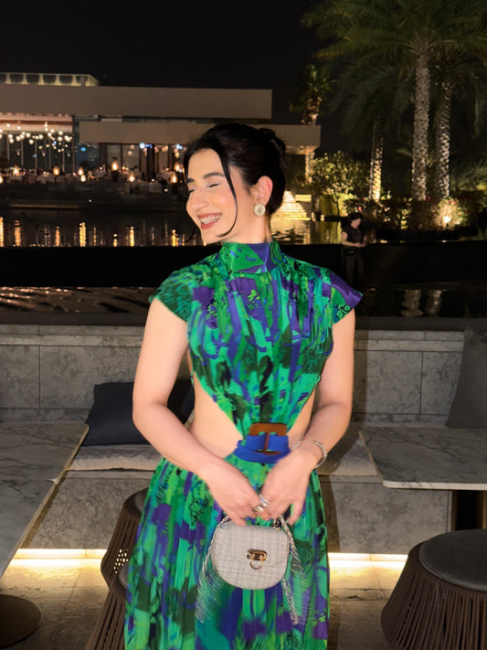 Yukti Chugh wearing the Code White Noki Maxi Dress in exclusive print, backless silhouette with wooden buckle detail