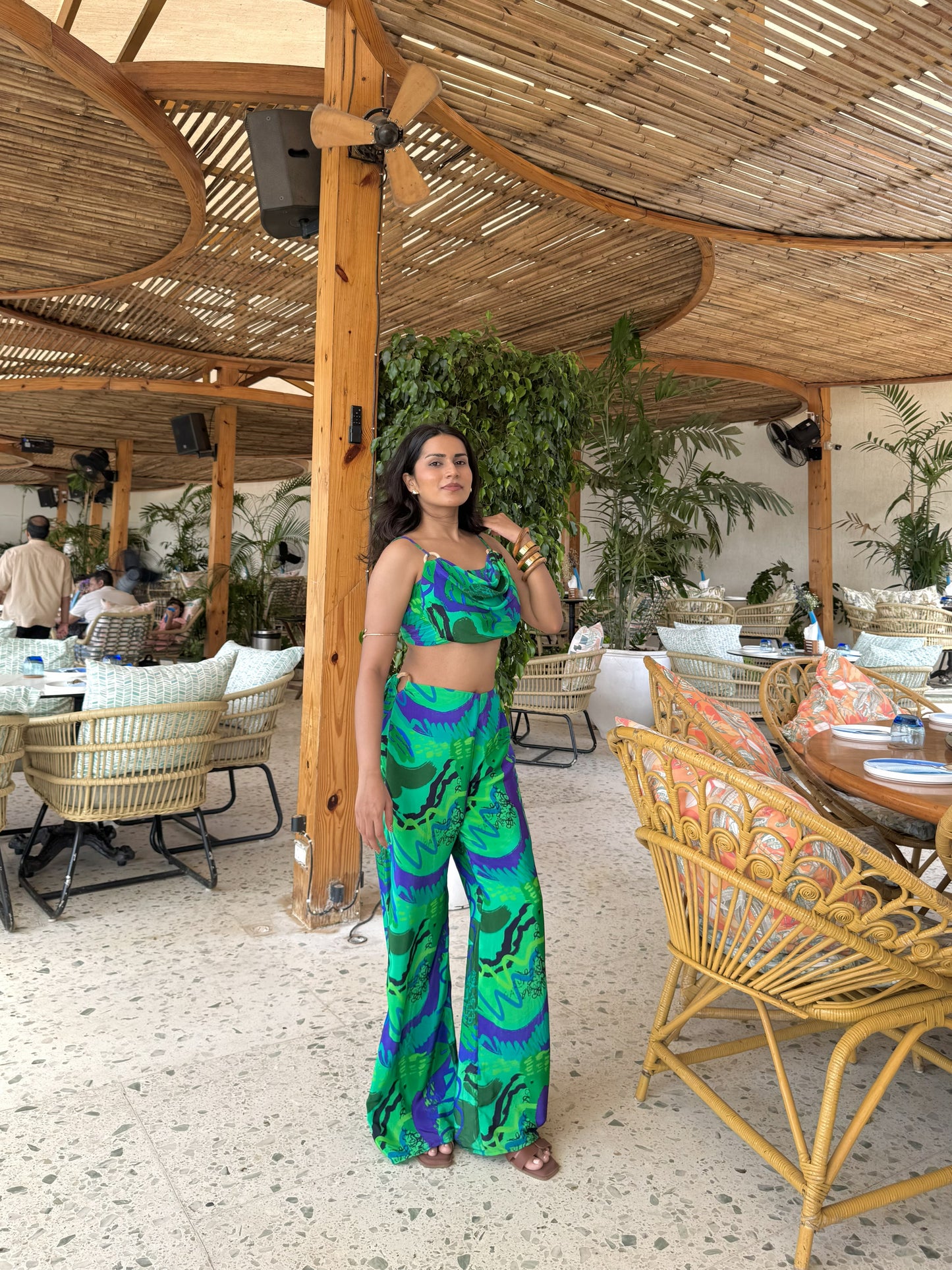 Tanvi Ghalsasi wearing Code White Delta Eden Co-ord Set, cowl top and loop pants in exclusive print
