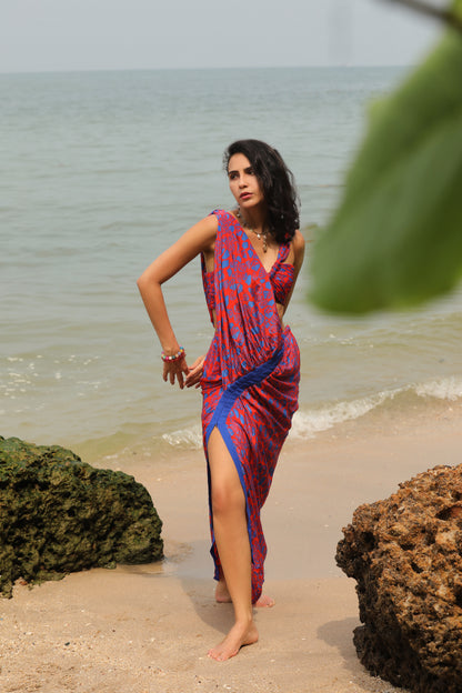 Code White Rouge Draped Dress, saree-inspired drape with sculpted sleeve and front slit - view 2