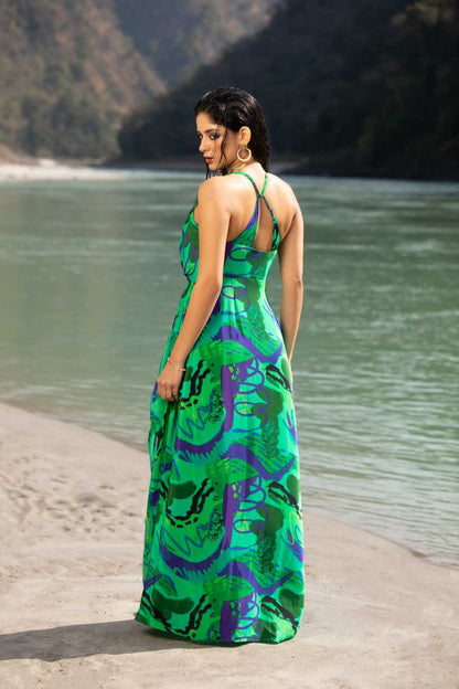 Code White Miyuki Slit Dress, fluid crepe with knotted cross-back detail and front gathers - view 4