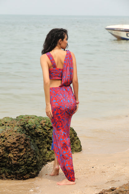 Code White Rouge Draped Dress, saree-inspired drape with sculpted sleeve and front slit - view 3