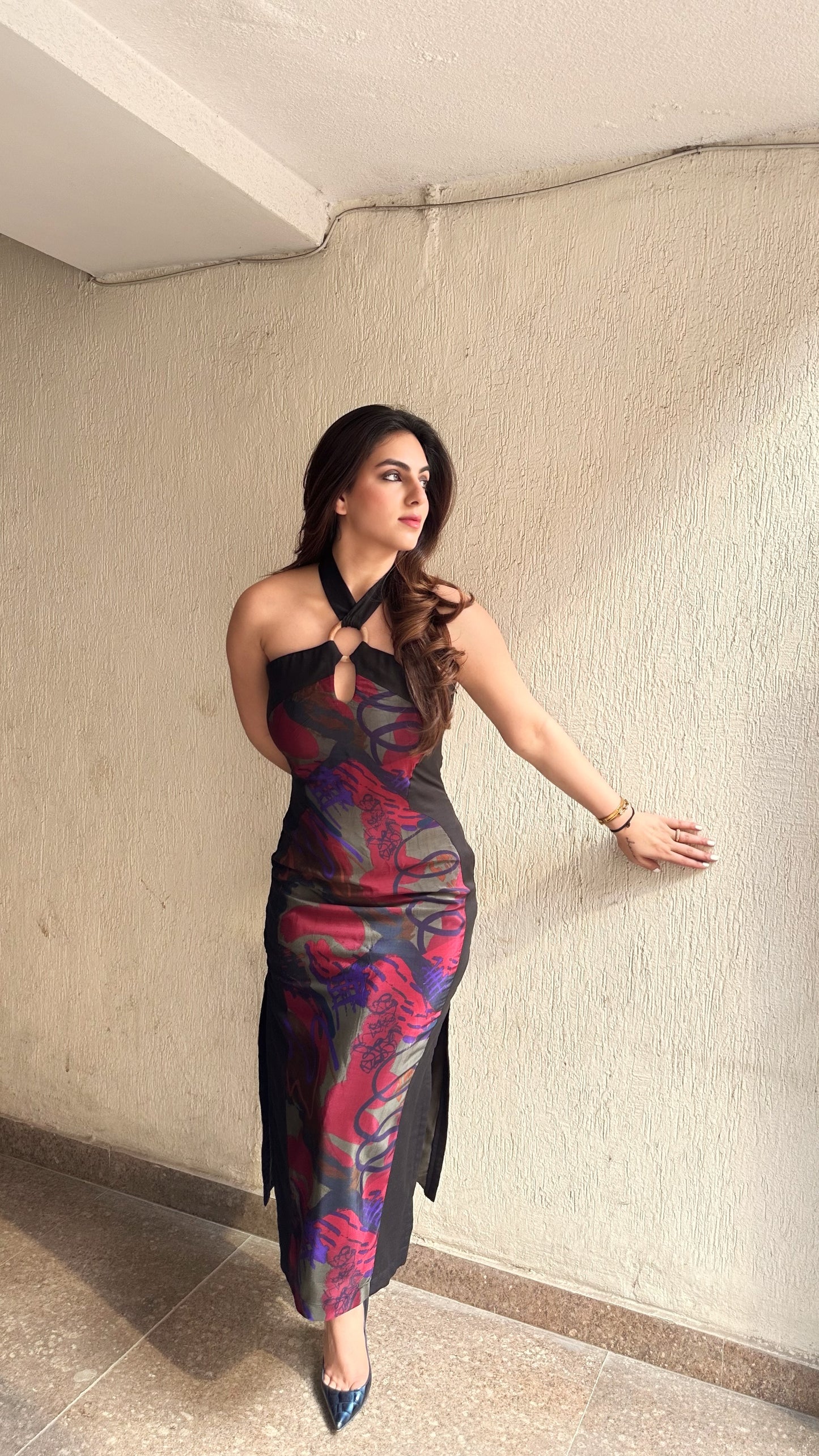 Jessie Monga wearing Code White Haya Maxi Dress in premium crepe with high halter neckline - view 3