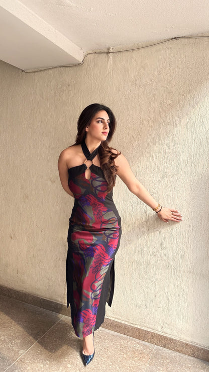 Jessie Monga wearing Code White Haya Maxi Dress in premium crepe with high halter neckline - view 3