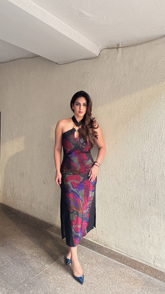 Jessie Monga wearing Code White Haya Maxi Dress in premium crepe with high halter neckline - view 2