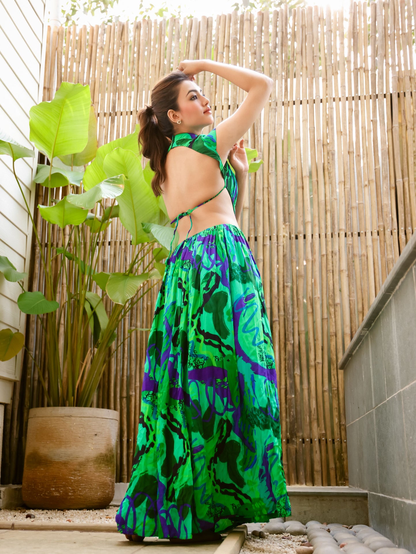 Vidhi Yadav in the Code White Noki Maxi Dress, high neckline and sculpted mega sleeves in signature in-house print - view 3
