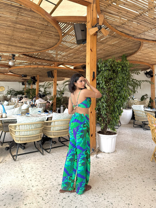 Tanvi Ghalsasi wearing Code White Delta Eden Co-ord Set, cowl top and loop pants in exclusive print - view 2