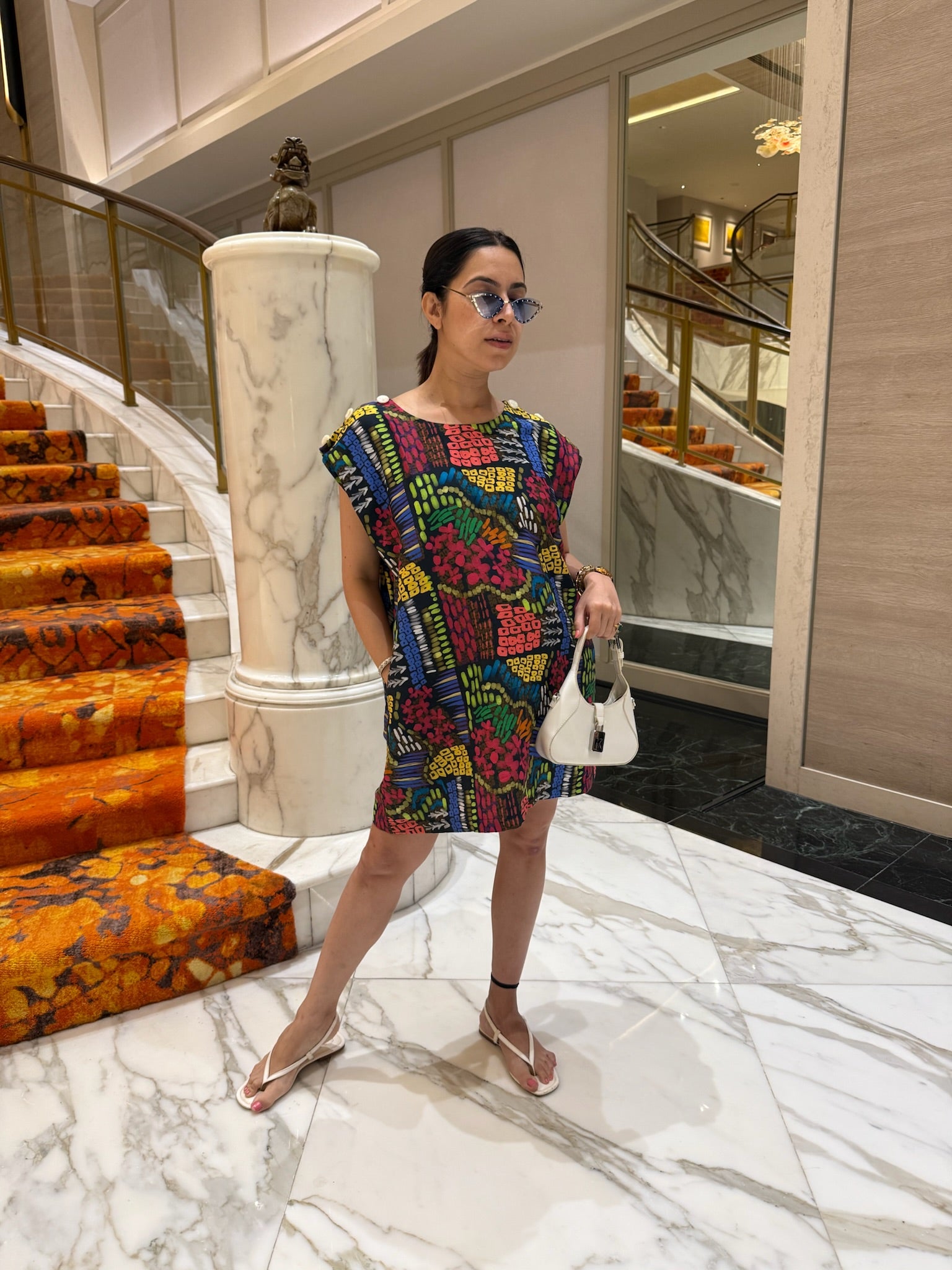 Sneha Tharwani wearing Code White Fresco Shift Dress 2.0 in glaze cotton with statement shoulder buttons - view 2