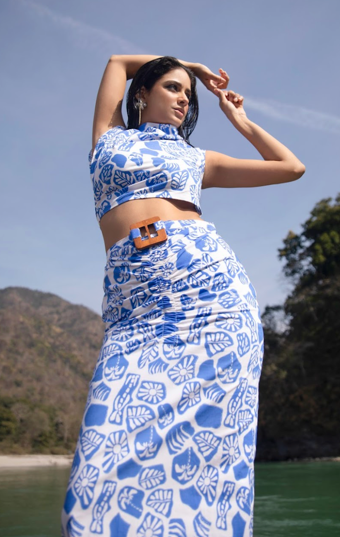 Code White Forme Lycra Skirt, wooden buckle waist with back slit detail
