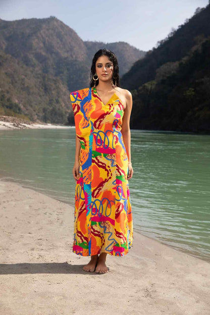 Code White Aya Dress, one-shoulder ankle-length silhouette with sculptural sleeve flap