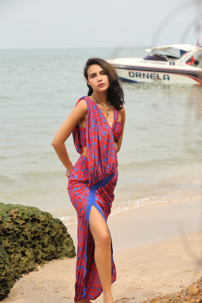Code White Rouge Draped Dress, saree-inspired drape with sculpted sleeve and front slit